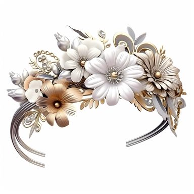 Precious flower hEADband is illuminated with morning light with white gold and silver colors in clipart style on white background