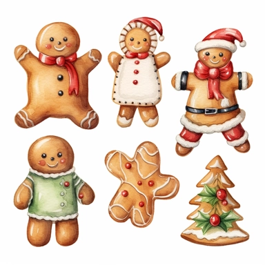 watercolor Christmas cute cookies. Clipart set of five elements. White background