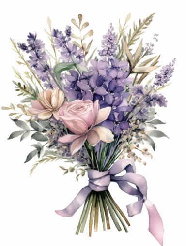 lavenders bouquet, muted tones, beautiful painted watercolor clipart bouquet of lavenders, with ribbons, perfect color coordinated harmony. vintage spirit, painted by Beatrix Potter, most intricate delicate details, beautiful artwork, on white background, spaced out