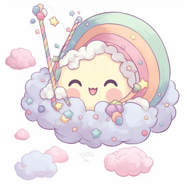Cloud, Rainbow, Snuggle, Laughter, Fluffy, Chibi, Bunting, Candy-colored, Lavender, Bubblegum, Peachy, Seafoam. clipart, hd, on a white background, centered