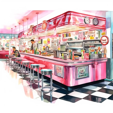 A retro-style diner with chrome accents and neon signs, where people savor delicious milkshakes and classic diner fare, american style, watercolor, clipart