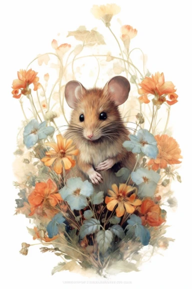 Chromolithography, vintage watercolor mouse floral clipart, nursery art, little mouse, mouse art, kids wall art, baby animal prints, isolated on white background, intricate details, hdr, 8k
