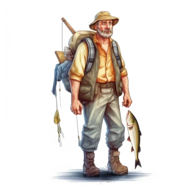 A Man Go to Fishing Front view Sublimation Clipart ,Cartoon,hyper realistic, intricate detail, illustration style,high solution,on the white background