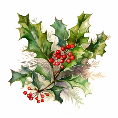 Festive Holly Arrangement Watercolor Art, Beautiful Realistic Clipart, Vibrant Colors, Creative Artistic, Emotional, Detailed, Isolated white background