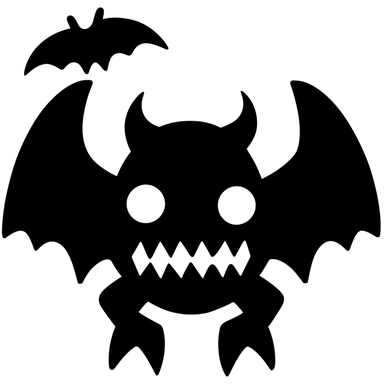 black and white silhouette of a friendly halloween bat icon, clipart style, white background, thick lines, vector, simple design, flat colour, solid colour