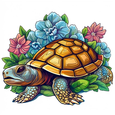 Vector Graphics turtle clipart Example: Midjourney image of a vector graphics turtle and flowers clipart with a white background sticker