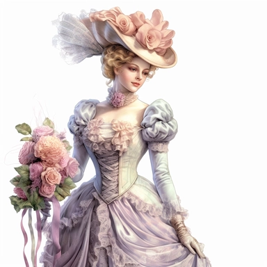 pastel colored Victorian Lady in the style of digital airbrushing, realistic yet stylized, digitally enhanced, elaborate dresses with flowers and bows, 32k uhd, detailed crosshatching white background, clipart