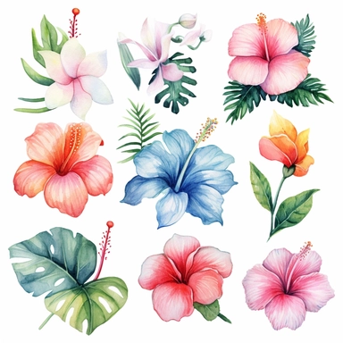 Hawaii flower watercolor clipart, white background