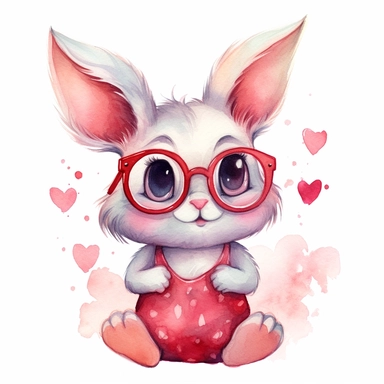 watercolor clipart, very cute single funny bunny in heart glasses, childlike innocence and charm, big and adorable in love eyes, cute and charming expression, funny and floppy ears, rosy cheeks, shy bunny, foreboding colors, valentines day themed cute, lovely hearts around the bunny, white background