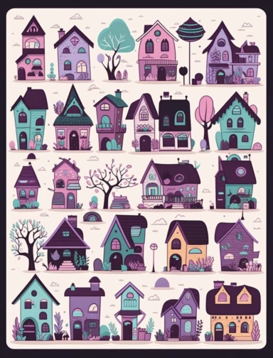 big houses and small houses, clipart style, vector, logo, cute, golden, purple, teal, pink, lite blue, picture book style, children's lesson book, captivating, kid friendly cute character, black and white, coloring book style, cartoon style, vector image, simple, line art style, character, white background