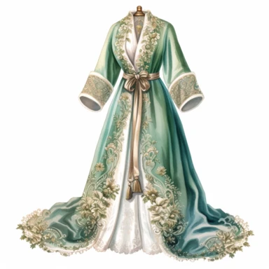 Victorian Dressing Gown: Illustrate a clipart of a woman's Victorian dressing gown, showcasing its luxurious fabric, lace trimmings, and intricate embroidery, watercolor Clipart, watercolor Sublimation graphics, hand drawn illustration by james christensen style, Watercolor clipart, single design, single object, print on demand image, PNG transparent background, white background for removing background - - no text shadow font watermark, 8k