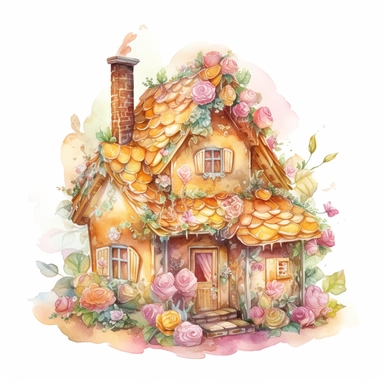 adorable, charming, small, fabulous fantasy Gingerbread house, with sweets, cookies and peony flowers, fairy tale house, ultra detailed, in light pink and yellow colors, mary whyte watercolor art style, clear line, romantism, scrapbooking, clipart