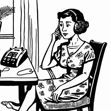 charming asian mom 40 years old sits at a dining room table, she is talking on a button pad phone, she sits relaxed in her chair, clipart art style, only necessary detail, in black pen ink, black and white only, block print, medium shot