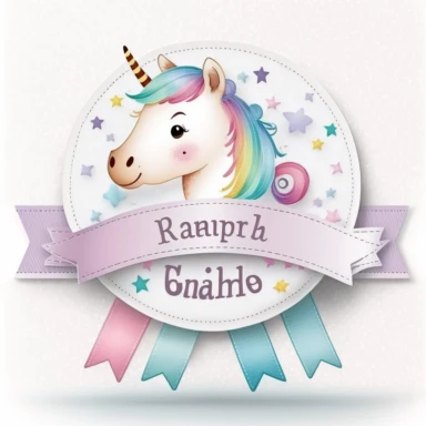 personalised name plate ribbon for text, a large unicorn chibi face, birthday invite, pastel clipart, Watercolour, pure white background