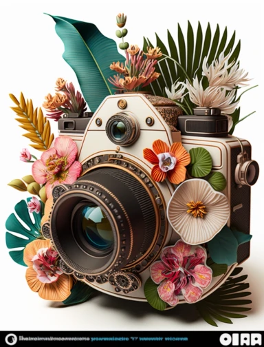 clipart of an old fashioned photo camera 1 photo lens only, surrounded by an intricate arrangement of dramatic extravagant digital 3D tropical flowers, in the style of large-scale photography, lush detailing, cartoon style, playfully intricate, made of flowers, bloomcore, exotic ambiant, 8K, white background