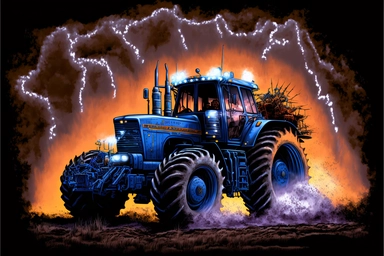 High-Definition Russian Tractor Airbrush Clipart, a souped-up tractor burns rubber down the dirt road. Old Corn Shuckin' Chuck Sneed is behind the wheel and the State Police is in pursuit. The exhaust flames light the dark sky in the blazing-fast tractor's wake. The night is dark and blue and the storm is rolling in. Rocky enjoys a cold road soda as he pilots. A cold Mike's Hard Lemonade, his favorite. The red and blue lights of the State Patrol are moving in fast. Only one more hour to the Corn