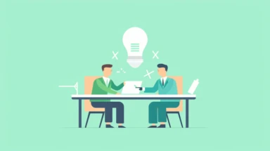 a simple flat microsoft office clip art style illustration of two office persons reviewing an important contract in their hand, idea light bulb on one of their head light green blue white pastel color palette