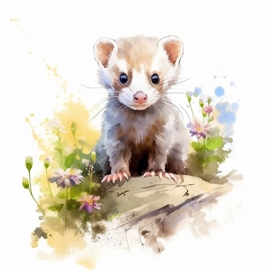 beautiful cute and hapy fantasy baby ferret in nature on a white background, clipart, isolated images, illustrations on a white background, artistic painting, watercolor, realistic, isolated, fussy cuts, highly detailed, 32K, hdr, photo expert quality, watercolor realistic, isolated on a white background, highly detailed and hyperrealistic
