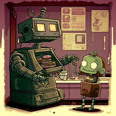 garbage pale kids format, pop surrealism digital art image of broken down, old, rusting, cartoonish, humanoid robot making a sandwich in the kitchen of a fast food restaurant. The robot is wearing tattered, McDonalds style uniform, made of human clothing. The robot is in an art style inspired by artists like Tara McPhereson, Nooligan, and Robin Eisenberg. To be used for digital clipart. Use dull, 1970's style, yellow, green, brown color scheme for the robot.