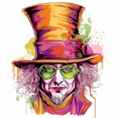 mad hatter, cutsey and funny, shades of lime orange fucshia and brown, glamorous, half body, clean background, very detailed and realistic, clipart style, gouache, white background with margins,