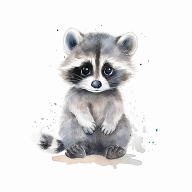 a sweet baby raccoon with kind eyes clipart with watercolor illustration,full body shot,8k,etsy style, white background