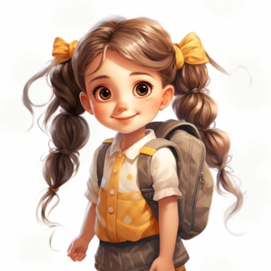 A cute happy school girl, back to school themed,full color, knitted painting texture, Perfect for nursery art and children's book illustration style, simple, cute, full color, clipart, watercolor illustration, single object, high definition 8k, white background for removing background