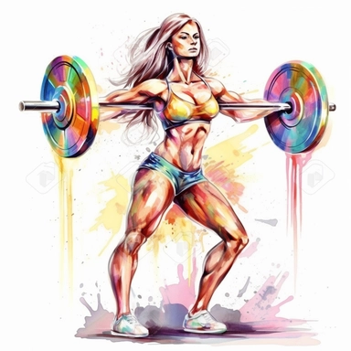 Detailed illustration of a beautiful young bodybuilding woman lifting barbell, long hair, showing abs, wearing shorts, full body, lean and muscular, clipart, colorful hand drawing, on a white background, unframed