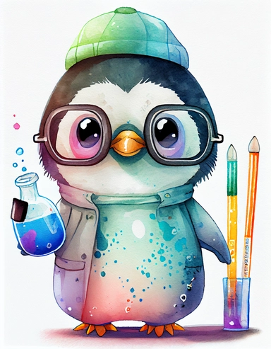 detailed watercolor kawaii penguin with eyeglasses wearing a lab gown holding a test tube with chemicals, facing front, isolated on a white background, clipart
