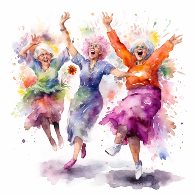 Watercolor Funny old ladies clipart . Women dancing,DAISY white background