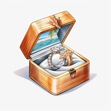 Craft a captivating clipart image of a ring box, opened to reveal two gleaming wedding rings nestled within, symbolizing the eternal bond and commitment shared between two individuals ,Glamour Weeding ,Weeding on the beach, Watercolor, Detailed, sweet, majestic, high resolition, transparent background, no captions