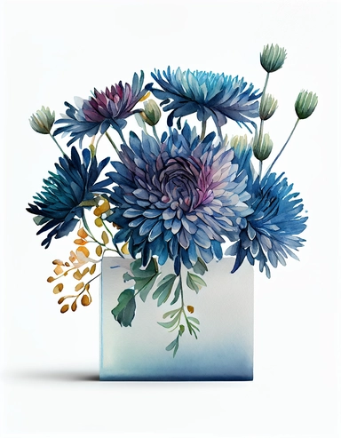 detailed vibrant watercolor bouquet of blue chrysanthemum flower in plain square vase white space , isolated on white background, realistic, no shadow, clipart