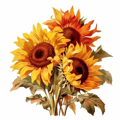watercolor drawing of sunflowers, edwardian beauty, whitcomb-girls, colorful gardens, detailed illustrations, bloomcore, realistic color schemes, clipart