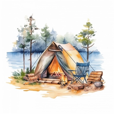 camping style cute camping tent in the campground with watercolor effect,sea landscape,camping tools,camping chairs and table,forest landscape,suitable for digital clipart,white background