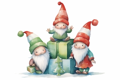 three cute adorable christmas gnomes by a christmass tree, a fourth gnome is climbing up a stack of presents, watercolor, red green, clip art