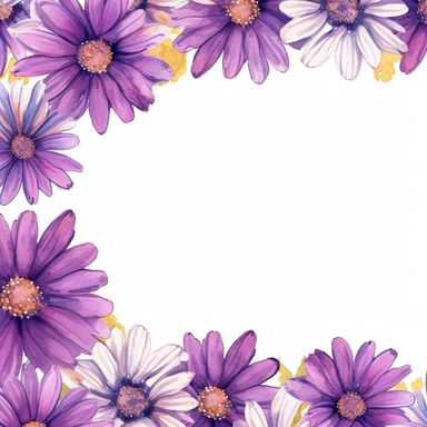 detailed vibrant watercolor rectangle purple daisy flower border with cute border line and with wide middle white space , isolated on white background, realistic, clipart