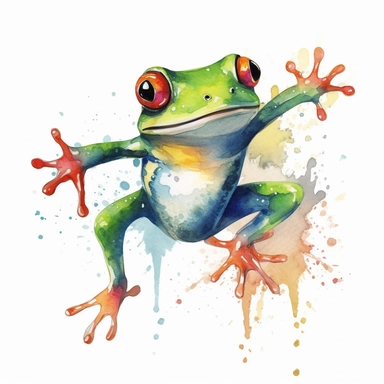 cute happy jumping frog sketch, watercolour style, bright colours, untextured white background, clipart