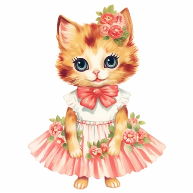 50s vintage kitsch cat illustration clipart, watercolor, Hand drawn painting, isolated on white background, watercolor illustration by katie daisy, highly detailed, white background for removing background - - no text shadow font watermark