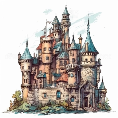 fantasy castle illustration, detailed, vivid color, fairy tale, feminine, girly, fantasy, dreamy, single castle, clipart, illustration white background