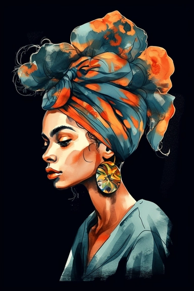 Portrait girl woman wears bandana for curly hairstyles. profile, Shenbolen Ankara Headwrap Women. Traditional Headtie Scarf Turban in tribal zebra fabric design texture watercolor clipart. hot pink blue and orange. gold details on black background watercolor texture. white flowers.