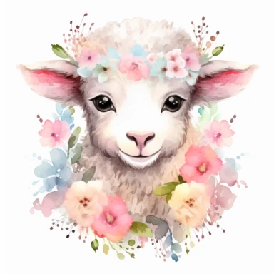 floral cute lamb clipart, original hand drawing, watercolor, understated and flawless for t shirt and cup printing, happy cute smily, transparent background, realistic painting, portrait without writing , style of the artwork, mood of the artwork, vector, contour , white background, 8K quality, ultra detailed , without signature and without meaningless lines, clipart, white background, High Quality, no writting background, no writting, ultra detailed, no symbol, without logo and emblem