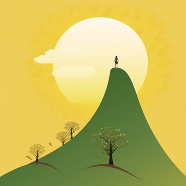 create a basic illustration clipart, super minimalist, very basic colours, with the silhouette of a woman climbing a large and thought mountain, a beautiful small tree at the top of the mountain representing success that the lady is looking for, motivational image, with very basic forms, basic and light yellow, brown and green shades, with very tiny flowers on the road of the small lady is walking towards the top.