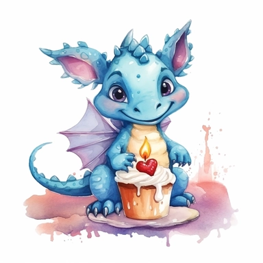 Cute happy Watercolor cake Baby Dragon Clipart, on a white background