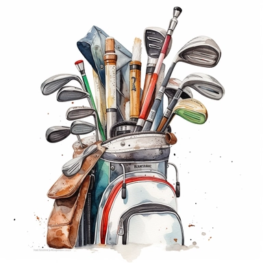Idyllic watercolor clipart of a white golf bag and 8 TaylorMade golf clubs, isolated on a pure white background, insane detail,