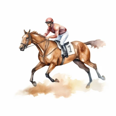 realistic horse racing with jockey watercolor clipart single design, 8k