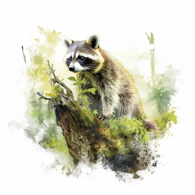 Create a clipart of a raccoon perched on a moss-covered tree branch, looking curious as it explores its woodland habitat. Surround it with lush green foliage and dappled sunlight to evoke a sense of tranquility, watercolour style, white background