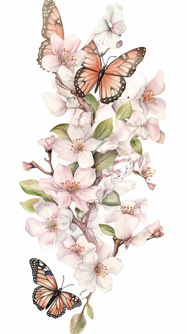 clip art Watercolor art of a cherry blossom branches, butterflies, with soft pastel hues, illustration in the style of Ayami Kojima and J.C. Leyendecker, pixiv, high quality, highly detailed,on white background