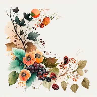 watercolor dusty red floral in the far bottom left corner and far top right coner only, and blackberries in the far bottom left left corner and far up right corner only, clipart, orange, white background, no text