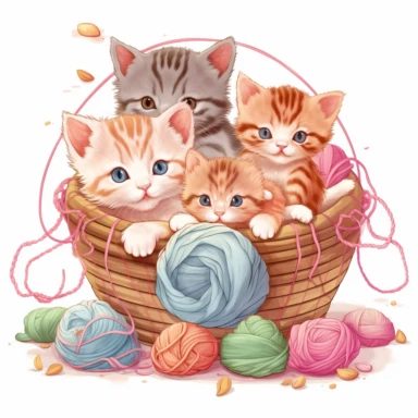 Playful kittens in various poses, such as playing with yarn, chasing butterflies, or napping in a cozy basket clipart