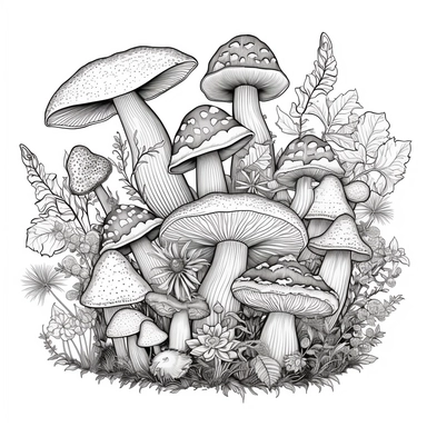 black and white clipart for coloring books, separate with white space around each element, suitable for an enchanted forest, such as mushrooms, butterflies,frogs,flowers,ivy and sprites