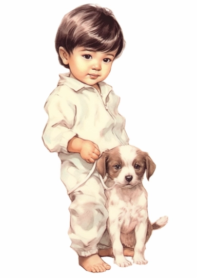 a cute retro vintage Asian infant baby boy with a puppy. Color pencil sketch, soft baby colors, on a white background for clipart.